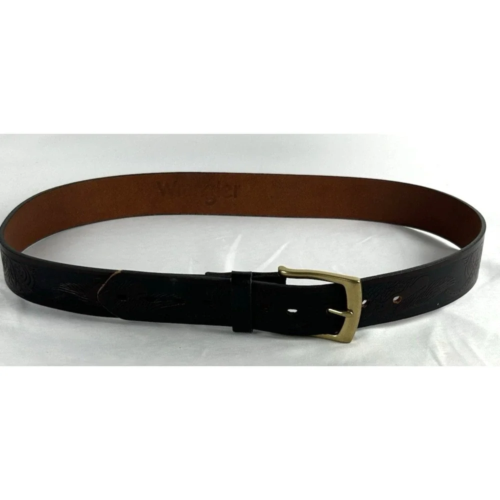 Wrangler Brown Bird Print Embossed Leather Belt Mens Size 40 Gold Tone Buckle